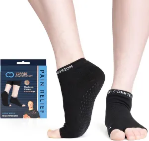 Copper Compression Silicone Padded Yoga Socks for Women – Non Slip Grippy Socks with Big Toe Holes for Pilates, Pure Barre, Dance, Ballet, Pregnancy, Hospital, Extra Grip, Safety & Comfort - S/M