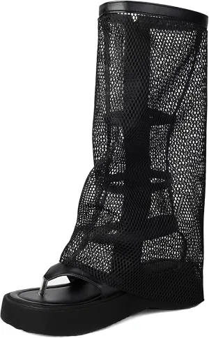 CouieCuies Women Flip Flop Boots Clip Toe Knee High Summer Boots Shark Fold Over Shoes Beach Flats Thongs