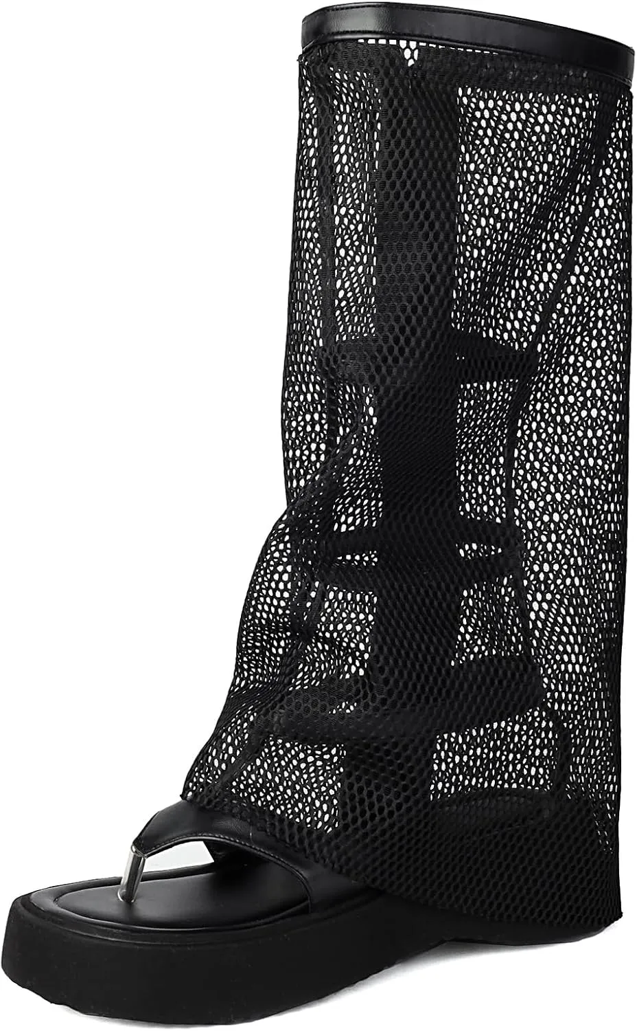 CouieCuies Women Flip Flop Boots Clip Toe Knee High Summer Boots Shark Fold Over Shoes Beach Flats Thongs