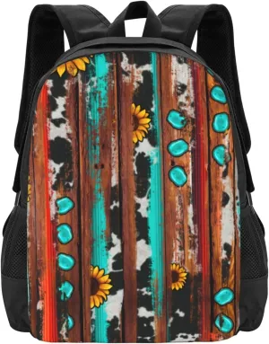 Country Western Sunflowers Turquoise Stone Wood Lightweight Backpack – Large Capacity 15” Laptop Bag For Travel & Outdoor
