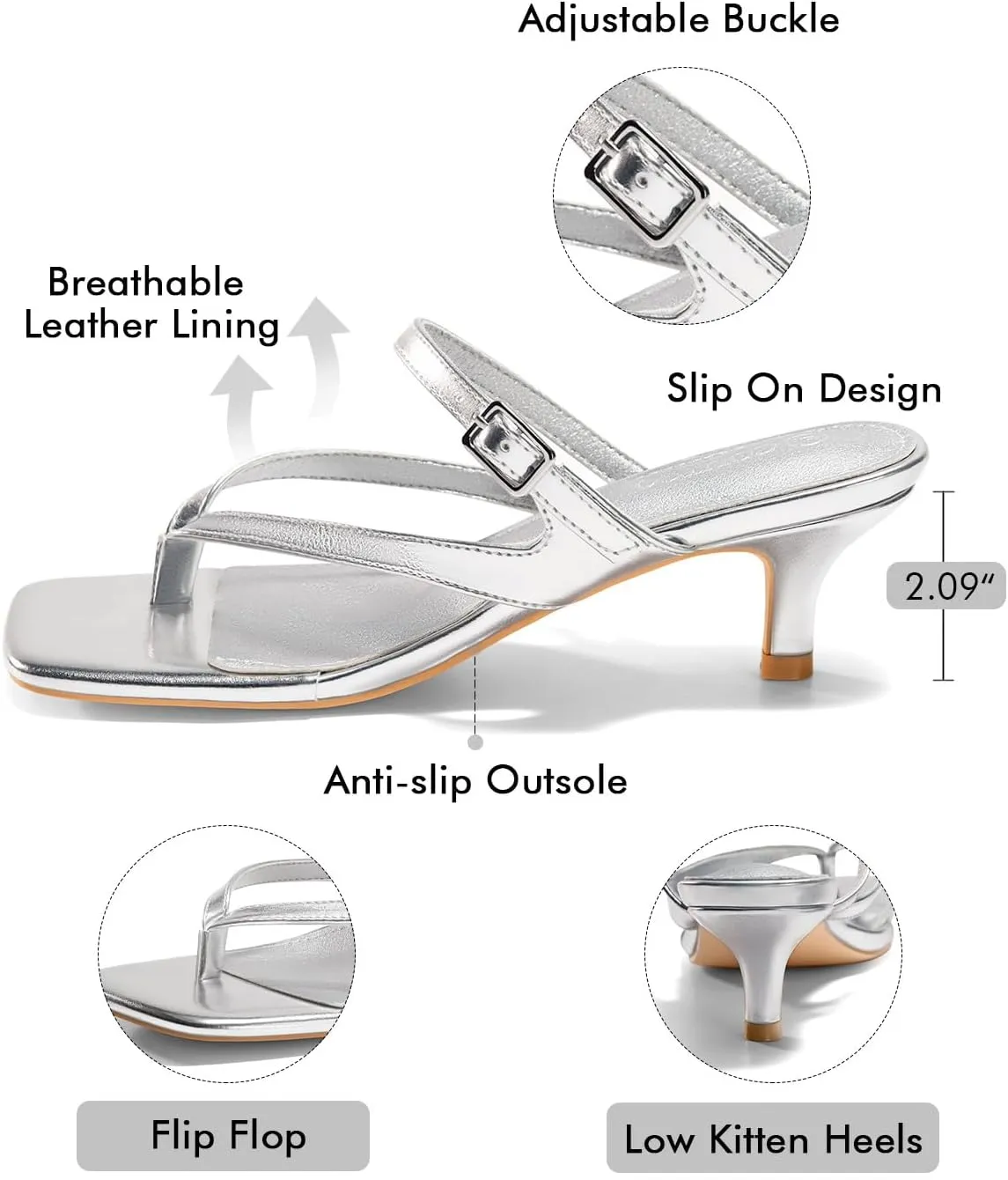 Coutgo Womens Strappy Kitten Heels Flip Flops Square Open Toe Low Heels Fashion Party Dress Thong Heeled Sandals