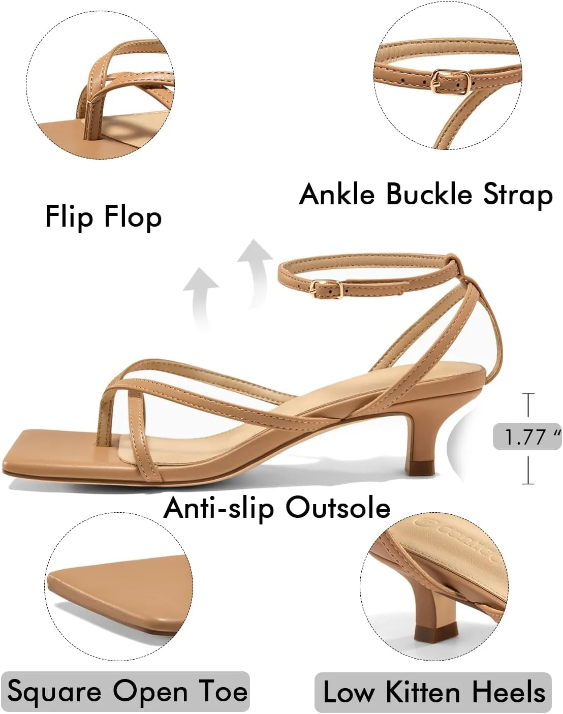 Coutgo Womens Strappy Low Kitten Heels Sandals Open Square Toe Flip Flop Summer Dress Party Shoes