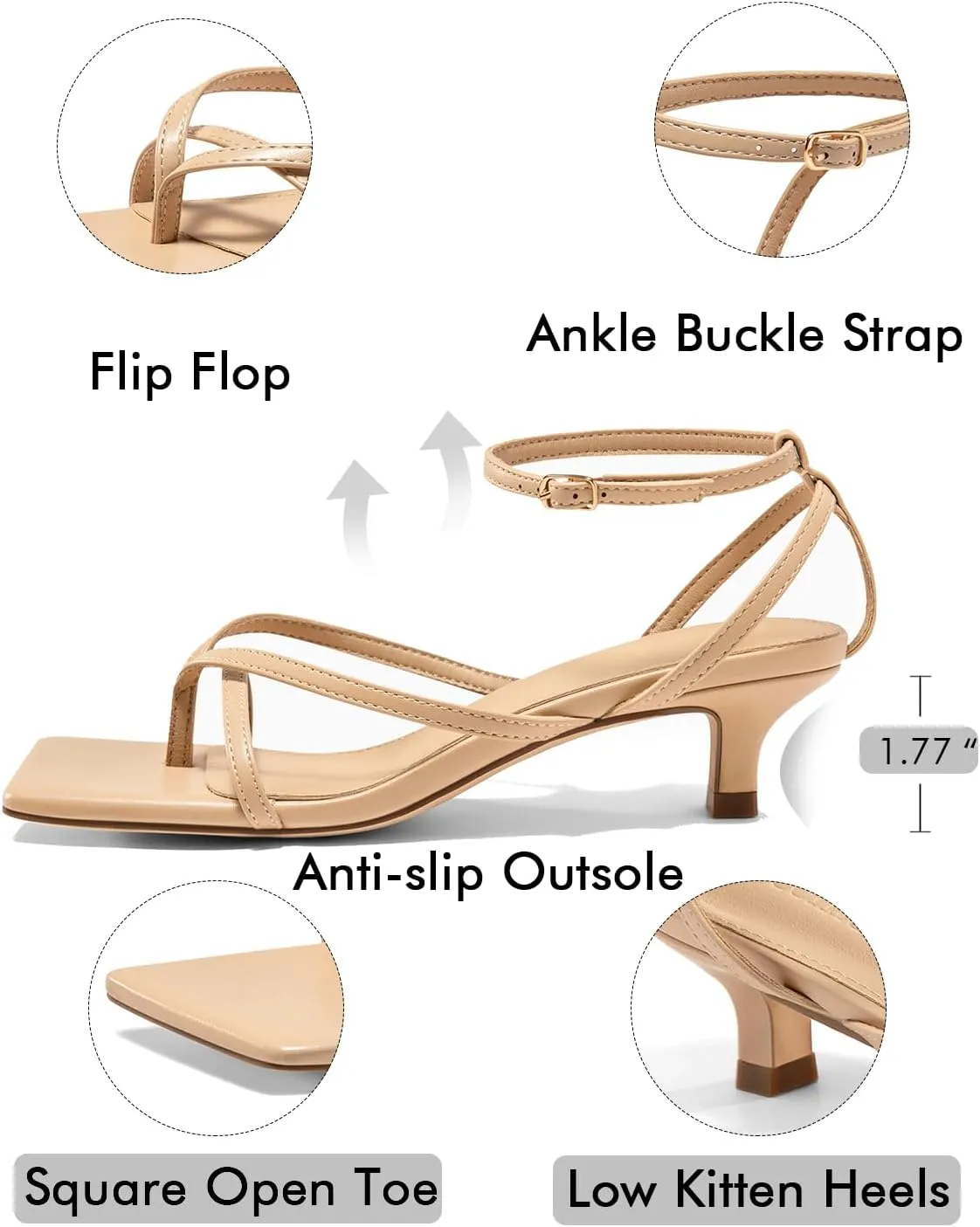 Coutgo Womens Strappy Low Kitten Heels Sandals Open Square Toe Flip Flop Summer Dress Party Shoes