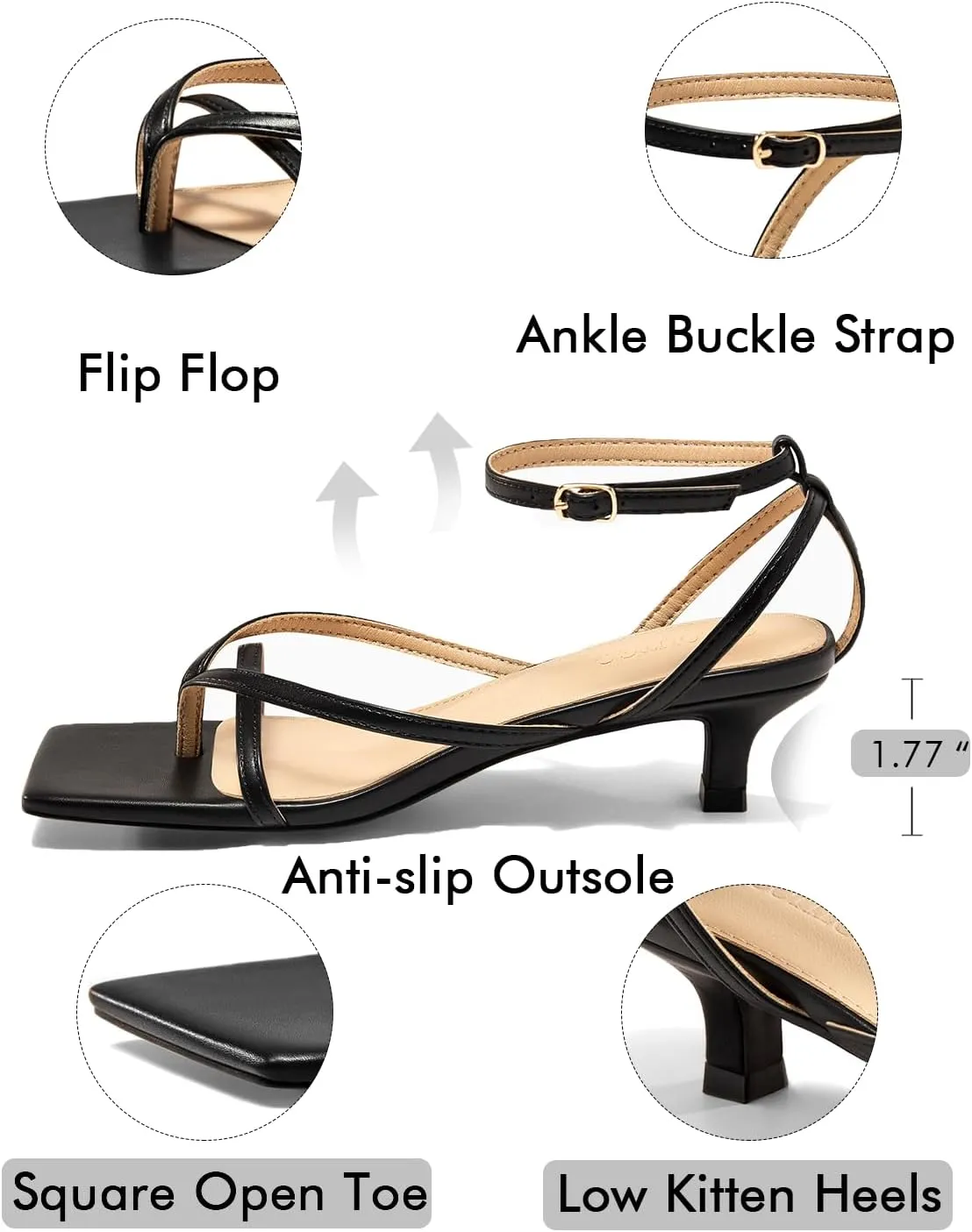 Coutgo Womens Strappy Low Kitten Heels Sandals Open Square Toe Flip Flop Summer Dress Party Shoes