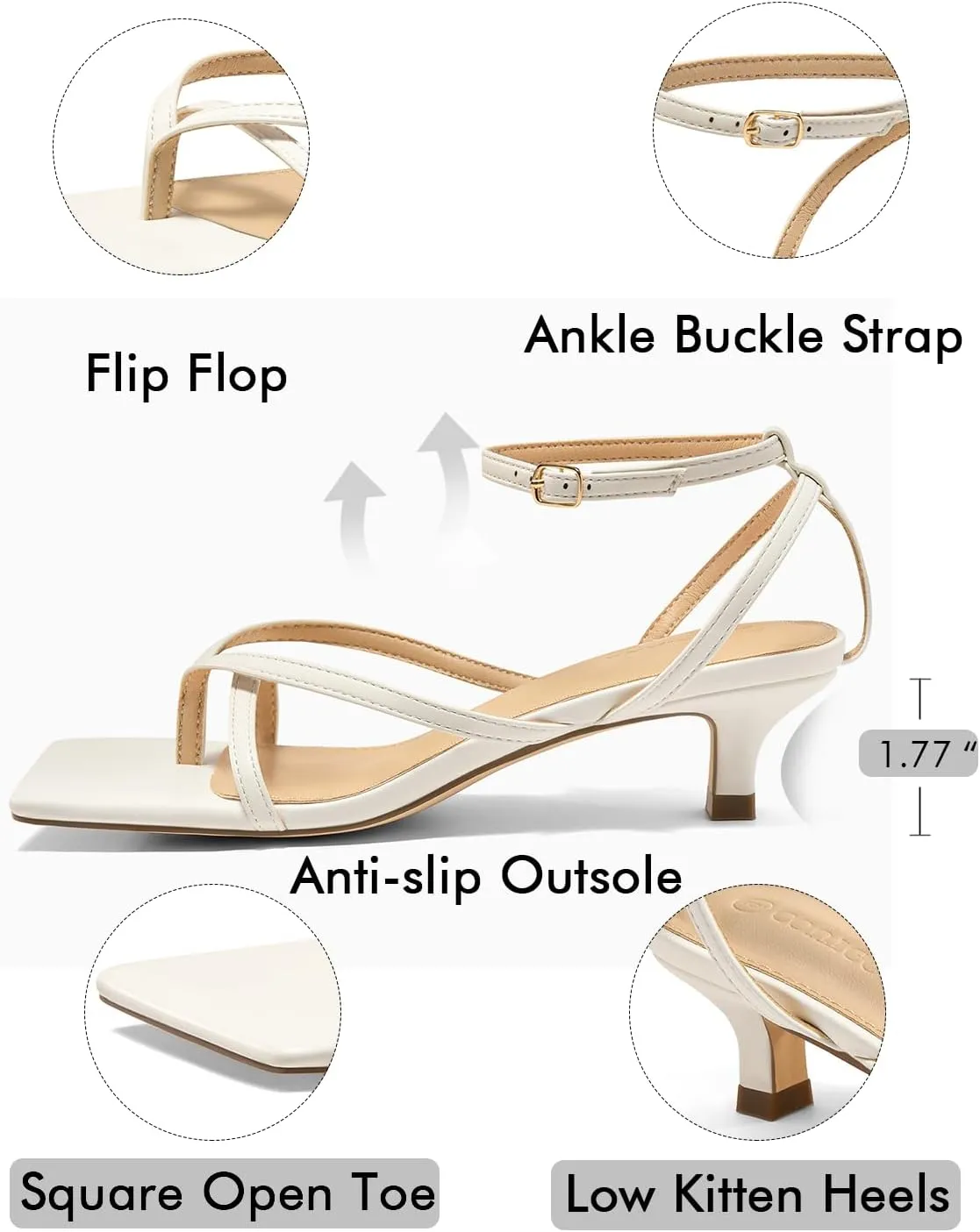 Coutgo Womens Strappy Low Kitten Heels Sandals Open Square Toe Flip Flop Summer Dress Party Shoes