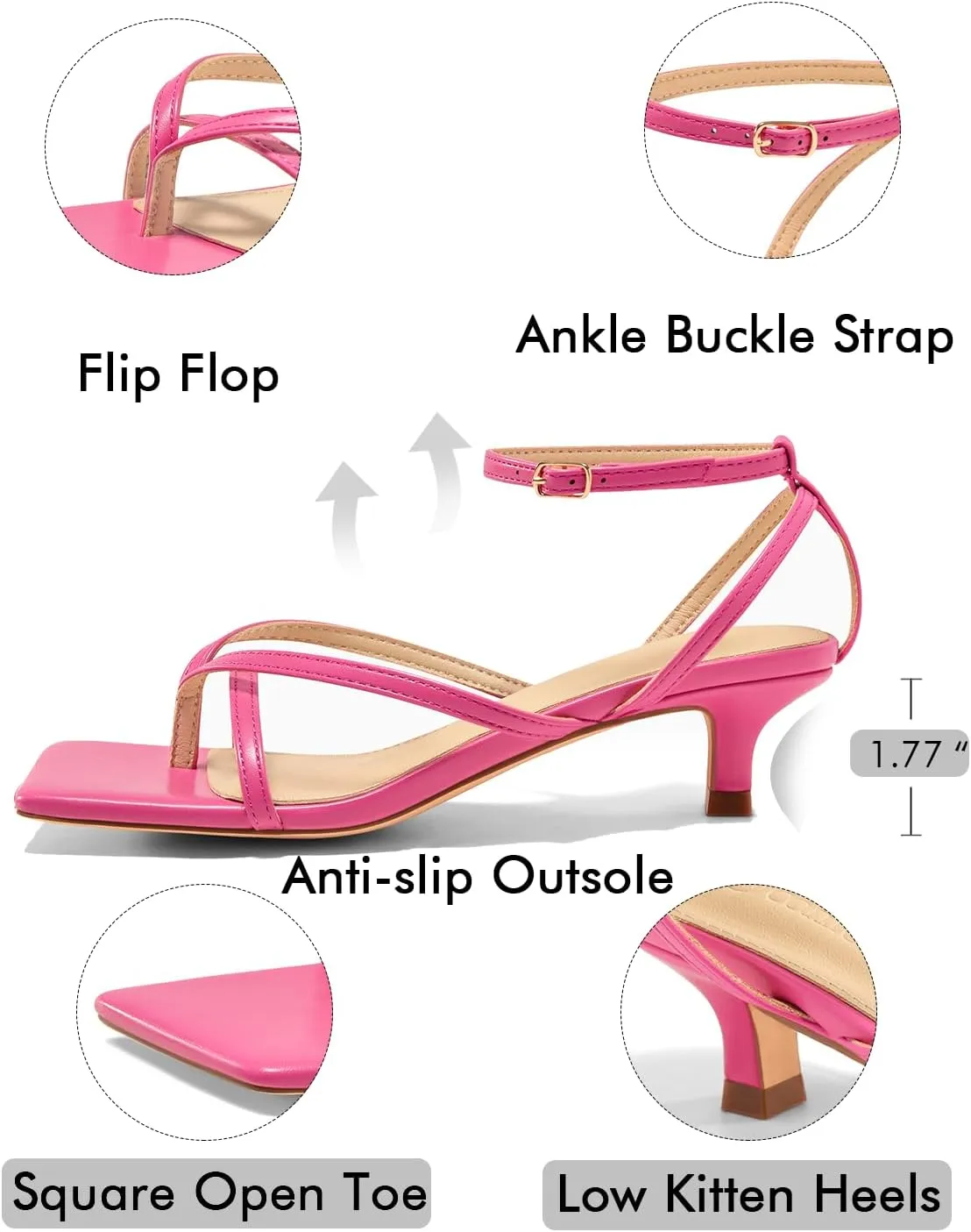 Coutgo Womens Strappy Low Kitten Heels Sandals Open Square Toe Flip Flop Summer Dress Party Shoes