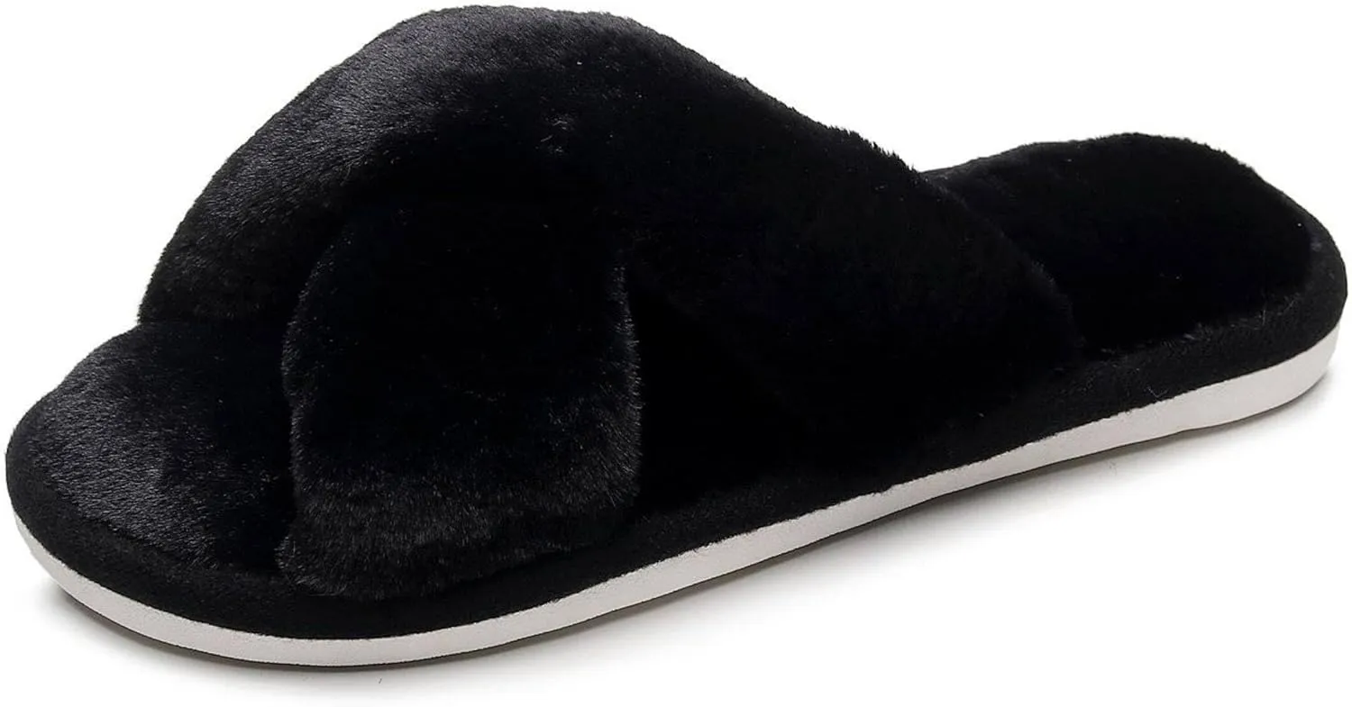 Crazy Lady Women's Fuzzy Fluffy Furry Fur Slippers Flip Flop Open Toe Cozy House Memory Foam Sandals Slides Soft Flat Comfy Anti-Slip Spa Indoor Outdoor Slip on