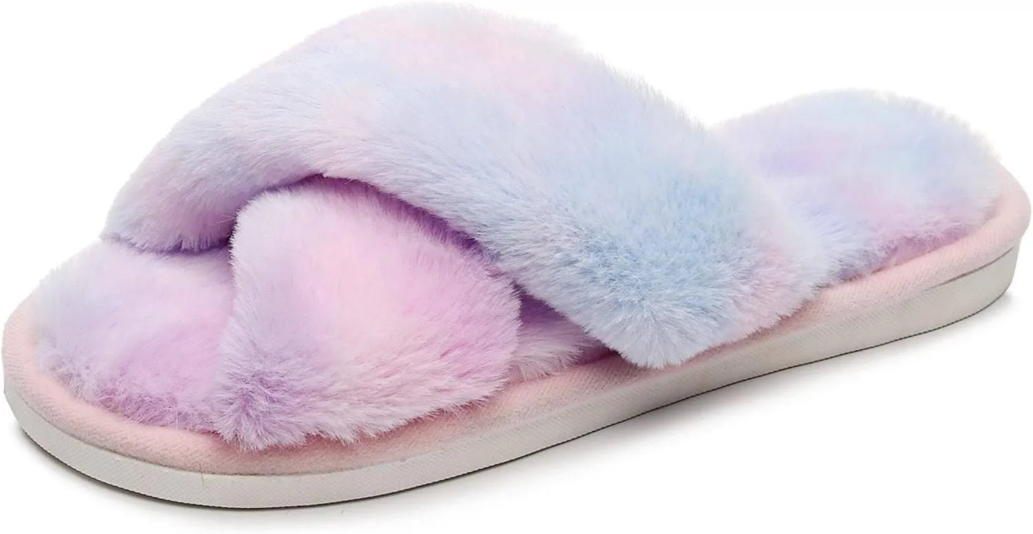 Crazy Lady Women's Fuzzy Fluffy Furry Fur Slippers Flip Flop Open Toe Cozy House Memory Foam Sandals Slides Soft Flat Comfy Anti-Slip Spa Indoor Outdoor Slip on