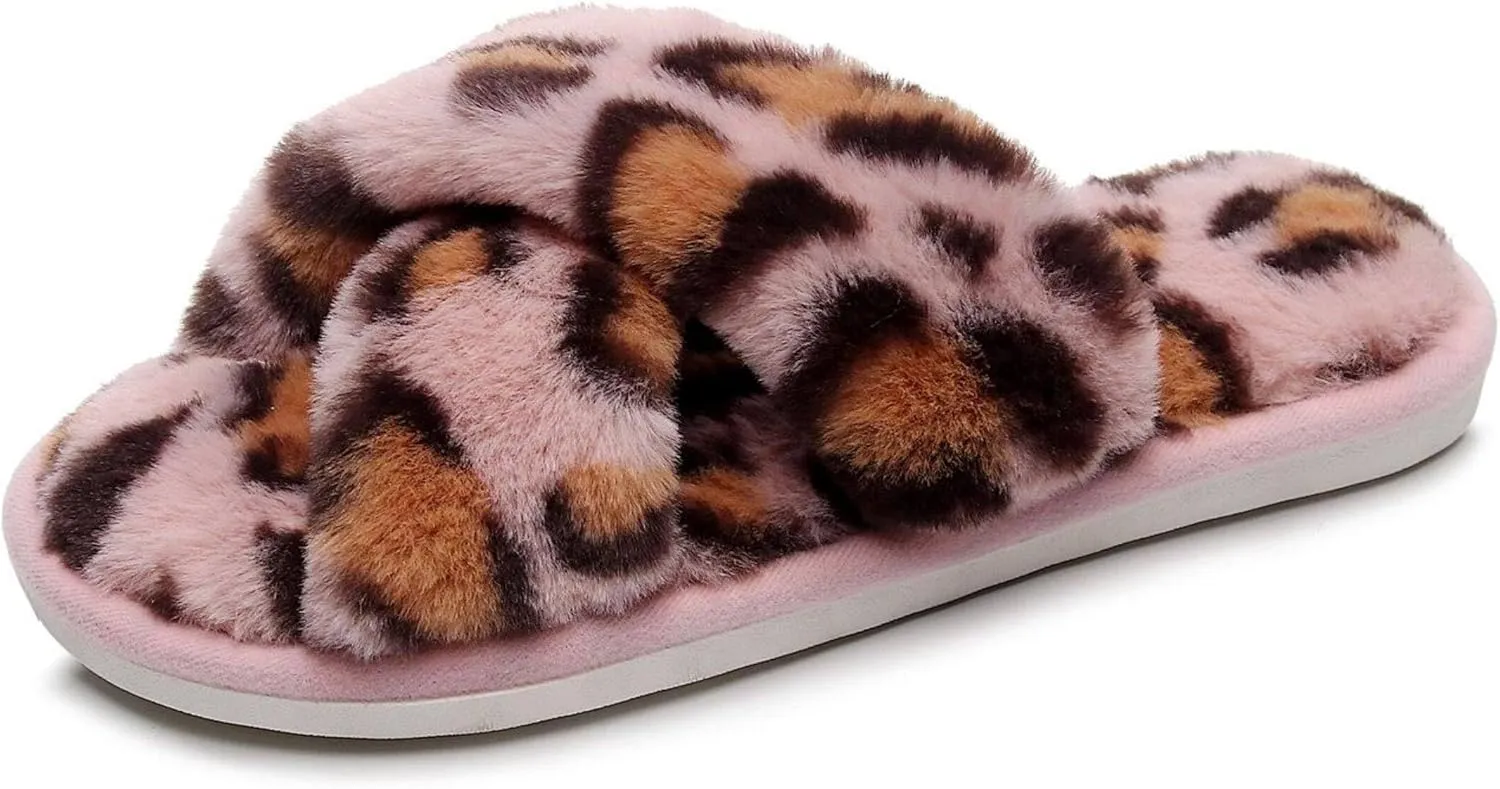 Crazy Lady Women's Fuzzy Fluffy Furry Fur Slippers Flip Flop Open Toe Cozy House Memory Foam Sandals Slides Soft Flat Comfy Anti-Slip Spa Indoor Outdoor Slip on