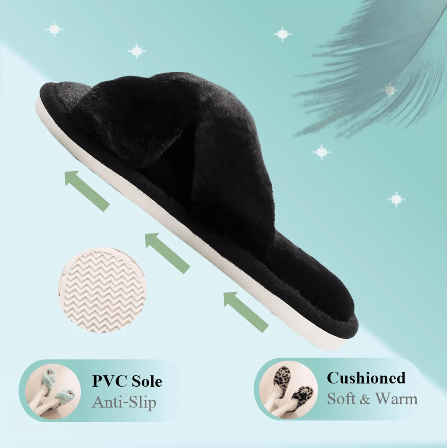 Crazy Lady Women's Fuzzy Fluffy Furry Fur Slippers Flip Flop Open Toe Cozy House Memory Foam Sandals Slides Soft Flat Comfy Anti-Slip Spa Indoor Outdoor Slip on