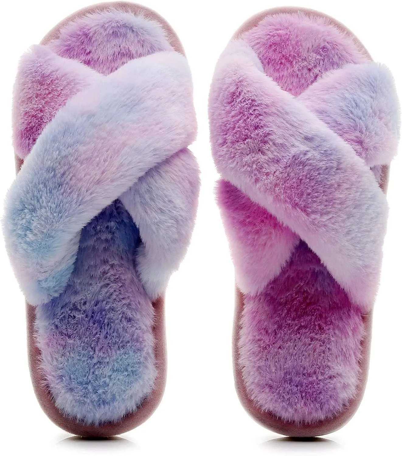 Crazy Lady Women's Fuzzy Fluffy Furry Fur Slippers Flip Flop Open Toe Cozy House Memory Foam Sandals Slides Soft Flat Comfy Anti-Slip Spa Indoor Outdoor Slip on