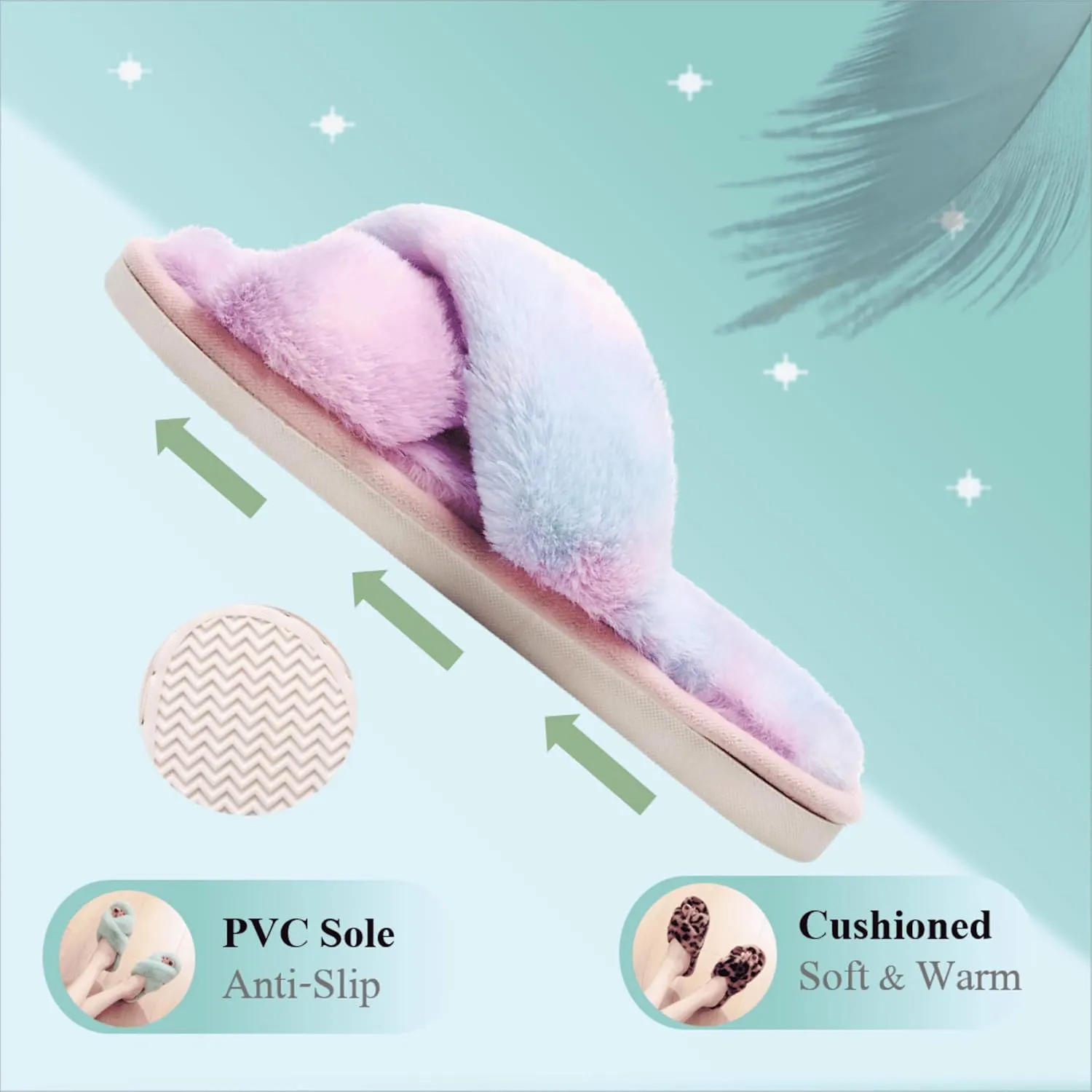 Crazy Lady Women's Fuzzy Fluffy Furry Fur Slippers Flip Flop Open Toe Cozy House Memory Foam Sandals Slides Soft Flat Comfy Anti-Slip Spa Indoor Outdoor Slip on