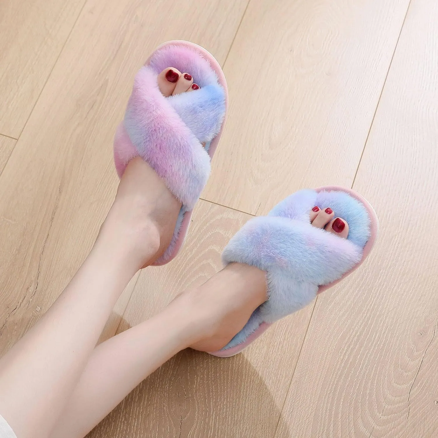 Crazy Lady Women's Fuzzy Fluffy Furry Fur Slippers Flip Flop Open Toe Cozy House Memory Foam Sandals Slides Soft Flat Comfy Anti-Slip Spa Indoor Outdoor Slip on