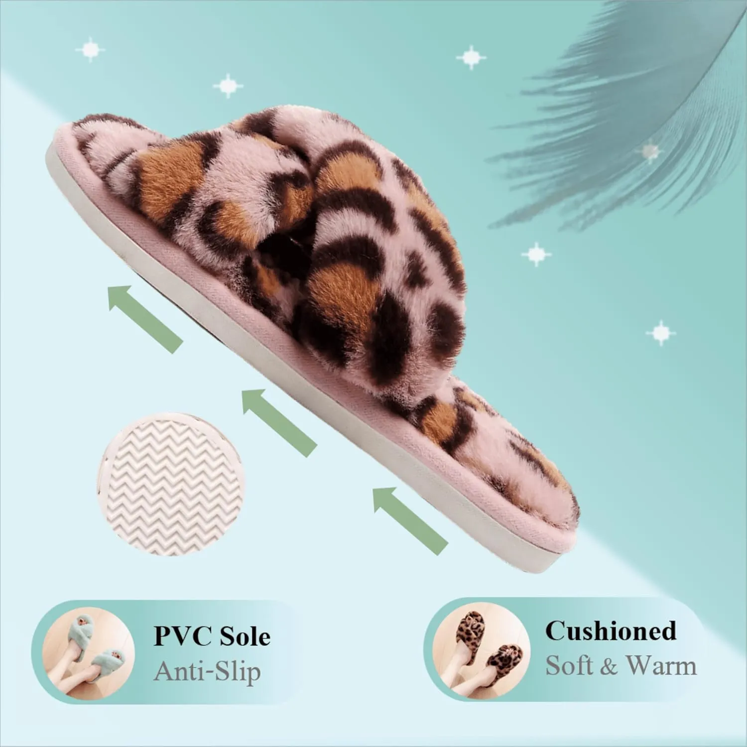 Crazy Lady Women's Fuzzy Fluffy Furry Fur Slippers Flip Flop Open Toe Cozy House Memory Foam Sandals Slides Soft Flat Comfy Anti-Slip Spa Indoor Outdoor Slip on