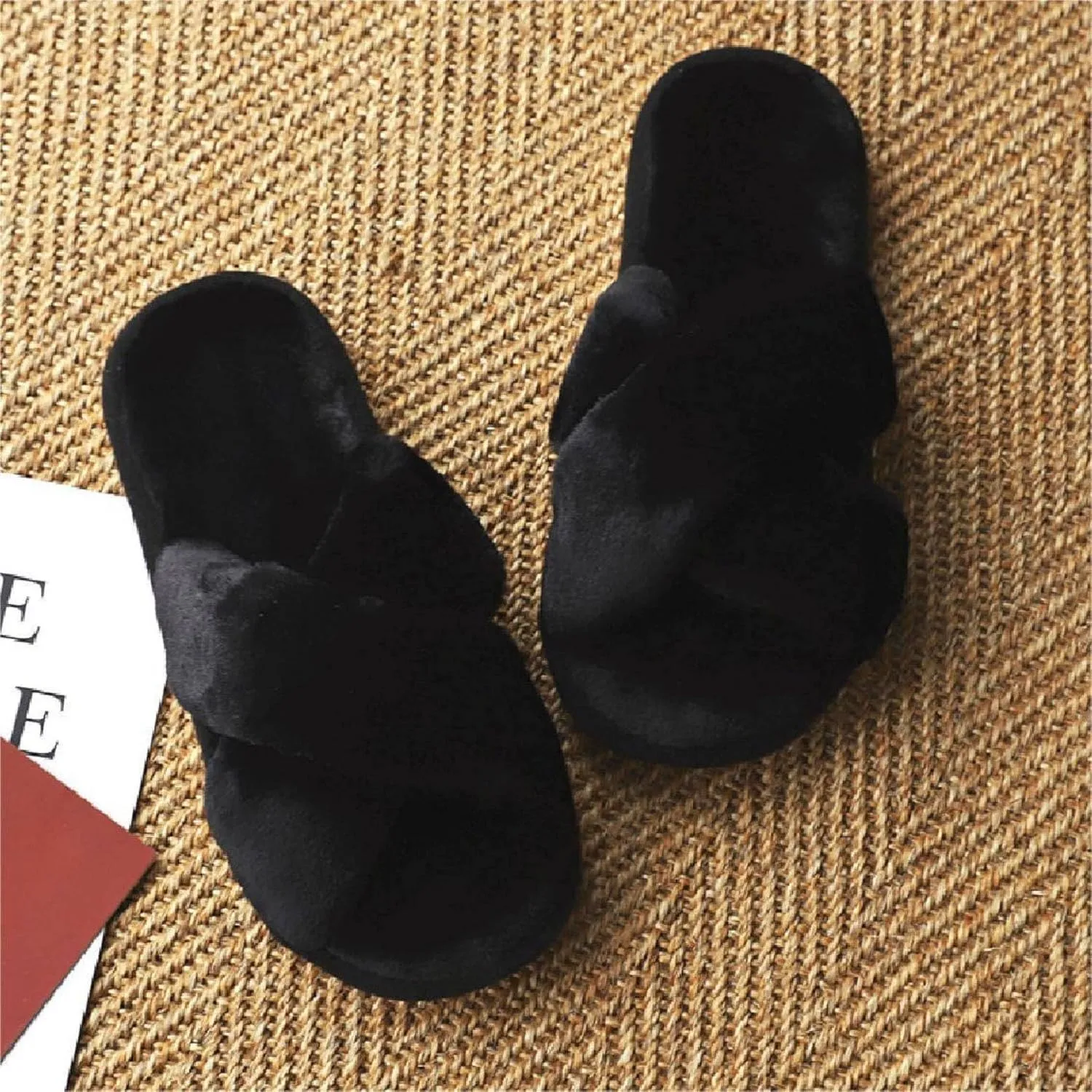 Crazy Lady Women's Fuzzy Fluffy Furry Fur Slippers Flip Flop Open Toe Cozy House Memory Foam Sandals Slides Soft Flat Comfy Anti-Slip Spa Indoor Outdoor Slip on