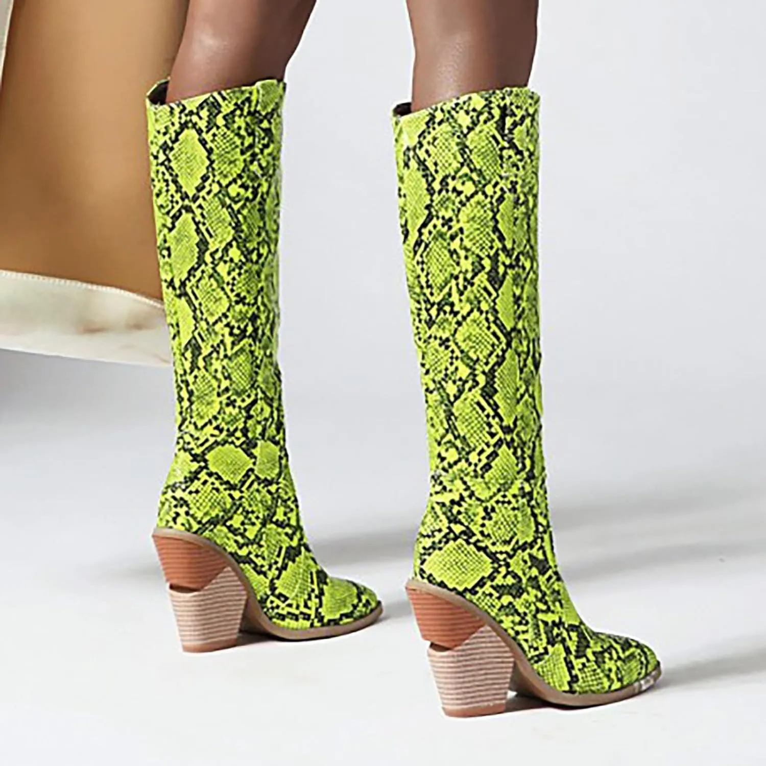 Crzidha Chunky Heel Knee High Boots for Women,Sexy Pointed Toe Snakeskin Print Fashion Stacked High Heel Knee High Boots for Women Dressy Winter Fall Fashion Cocktail Club Party