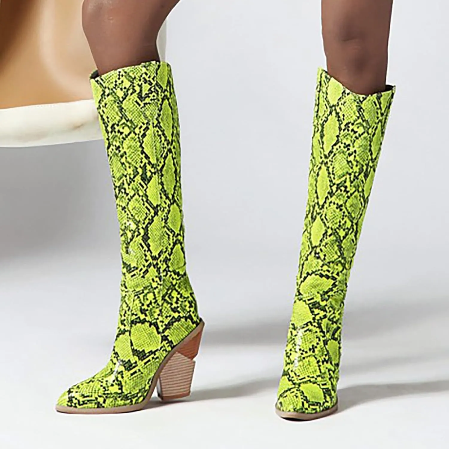 Crzidha Chunky Heel Knee High Boots for Women,Sexy Pointed Toe Snakeskin Print Fashion Stacked High Heel Knee High Boots for Women Dressy Winter Fall Fashion Cocktail Club Party