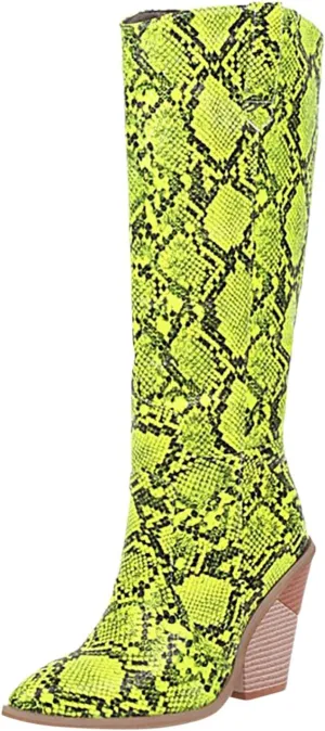 Crzidha Chunky Heel Knee High Boots for Women,Sexy Pointed Toe Snakeskin Print Fashion Stacked High Heel Knee High Boots for Women Dressy Winter Fall Fashion Cocktail Club Party