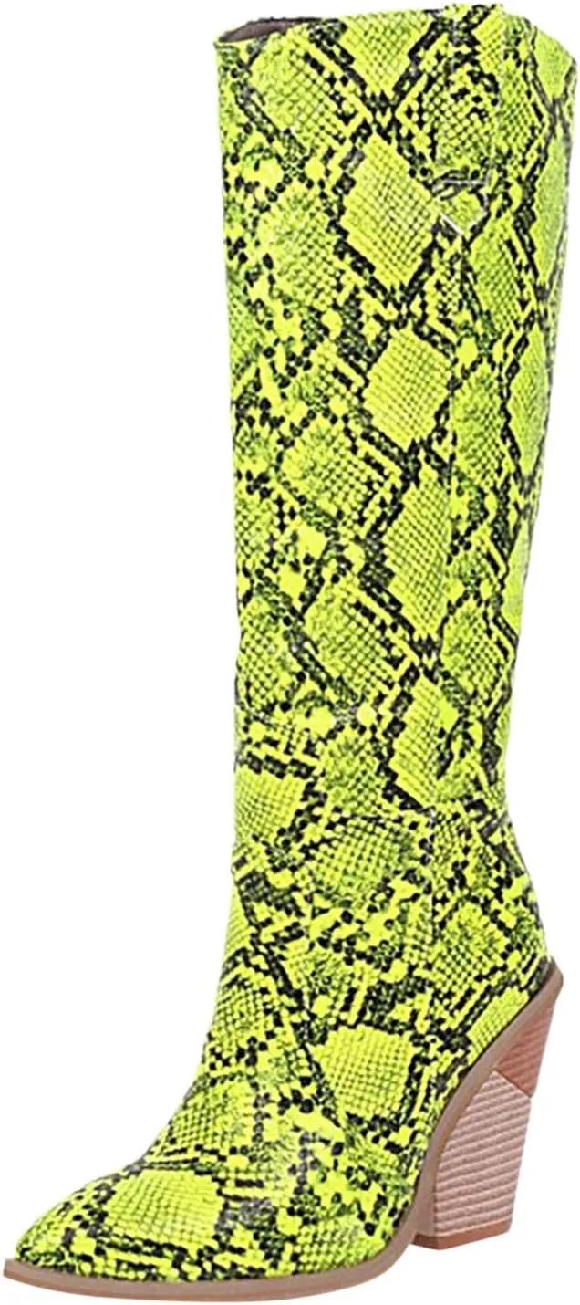 Crzidha Chunky Heel Knee High Boots for Women,Sexy Pointed Toe Snakeskin Print Fashion Stacked High Heel Knee High Boots for Women Dressy Winter Fall Fashion Cocktail Club Party