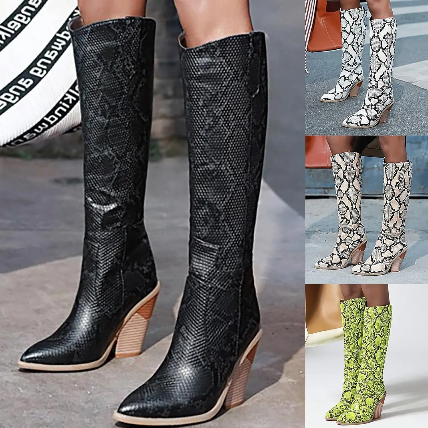 Crzidha Chunky Heel Knee High Boots for Women,Sexy Pointed Toe Snakeskin Print Fashion Stacked High Heel Knee High Boots for Women Dressy Winter Fall Fashion Cocktail Club Party