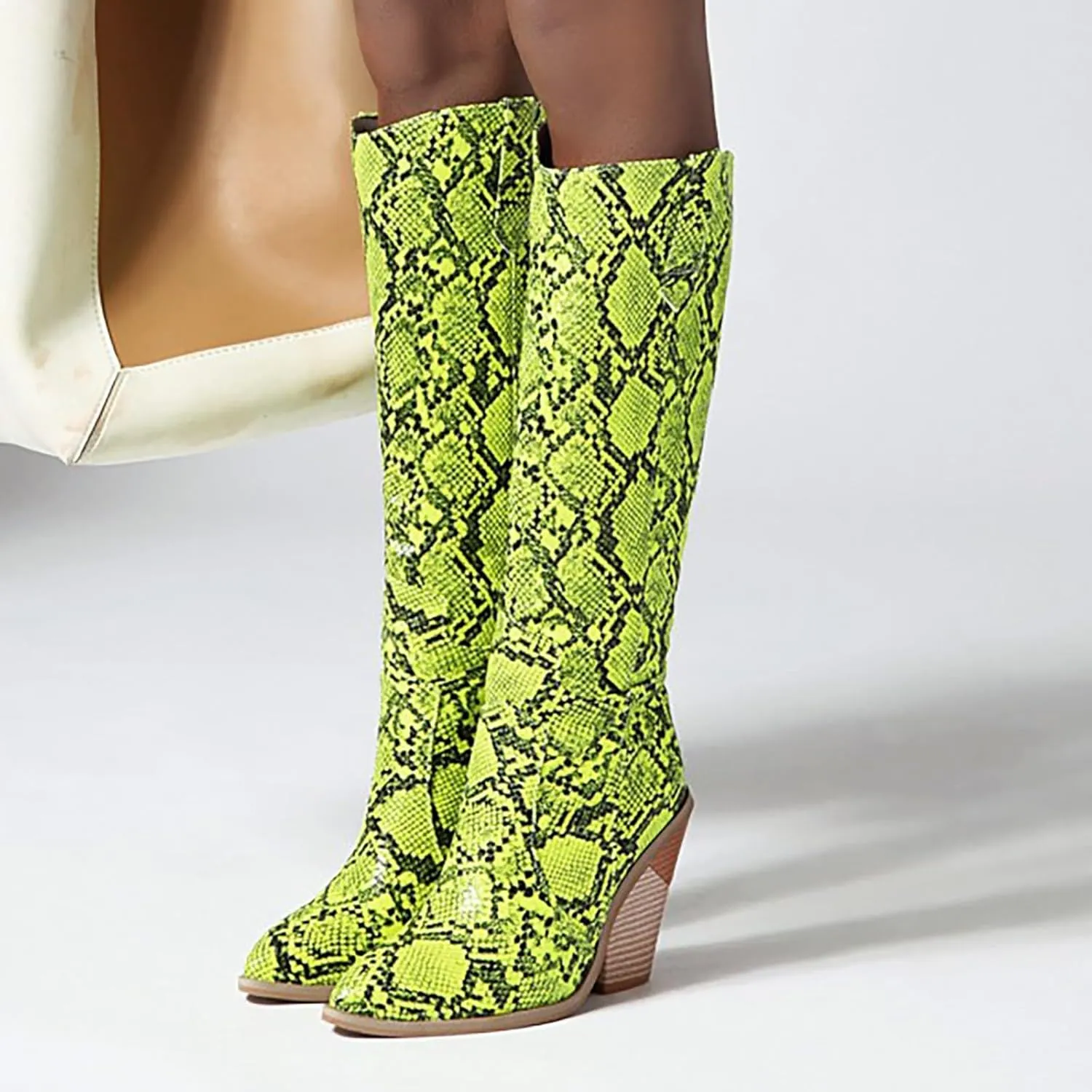 Crzidha Chunky Heel Knee High Boots for Women,Sexy Pointed Toe Snakeskin Print Fashion Stacked High Heel Knee High Boots for Women Dressy Winter Fall Fashion Cocktail Club Party