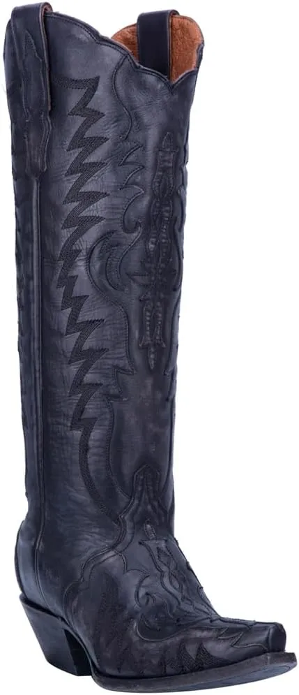 Dan Post Womens Hallie Tooled-Inlay Embroidery Snip Toe Casual Boots Knee High Low Heel 1-2" - Black