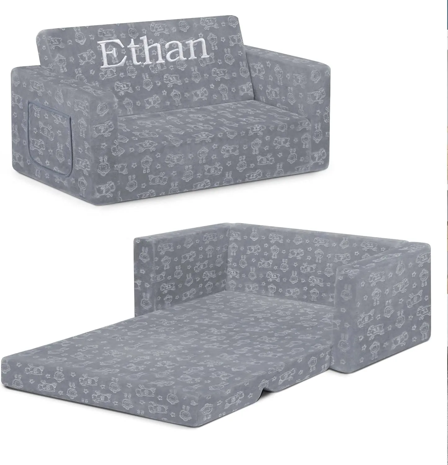 Delta Children Serta Perfect Sleeper Personalized Extra Wide Convertible Sofa to Lounger, Comfy 2-in-1 Flip Open Couch/Sleeper for Kids, Grey