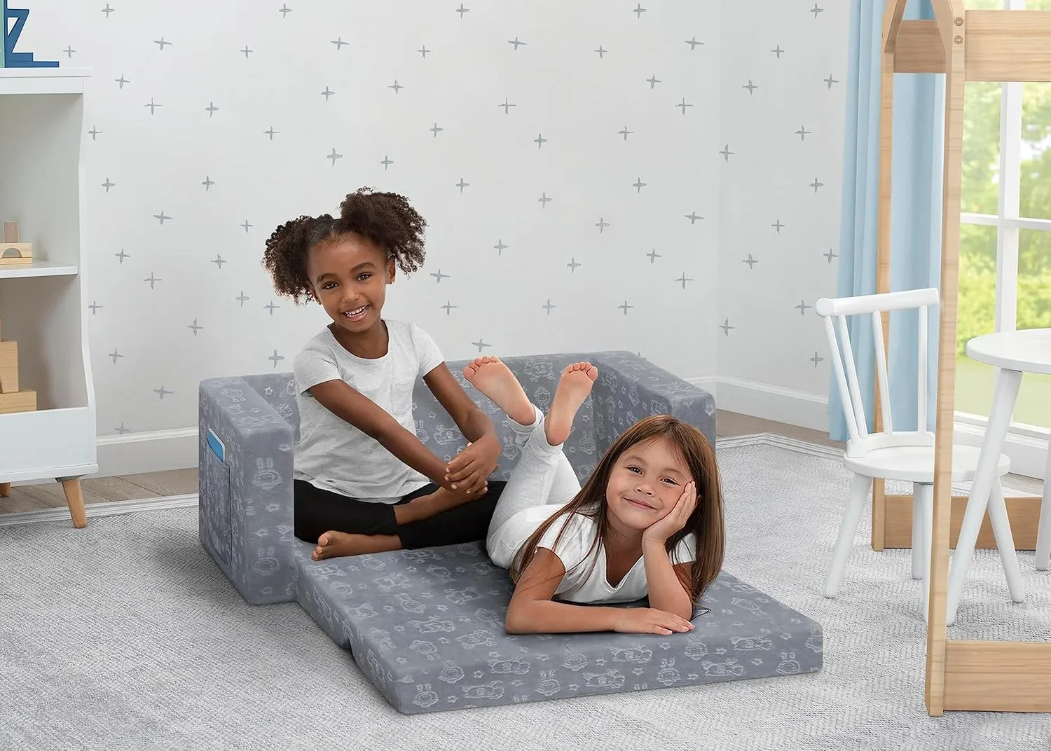 Delta Children Serta Perfect Sleeper Personalized Extra Wide Convertible Sofa to Lounger, Comfy 2-in-1 Flip Open Couch/Sleeper for Kids, Grey