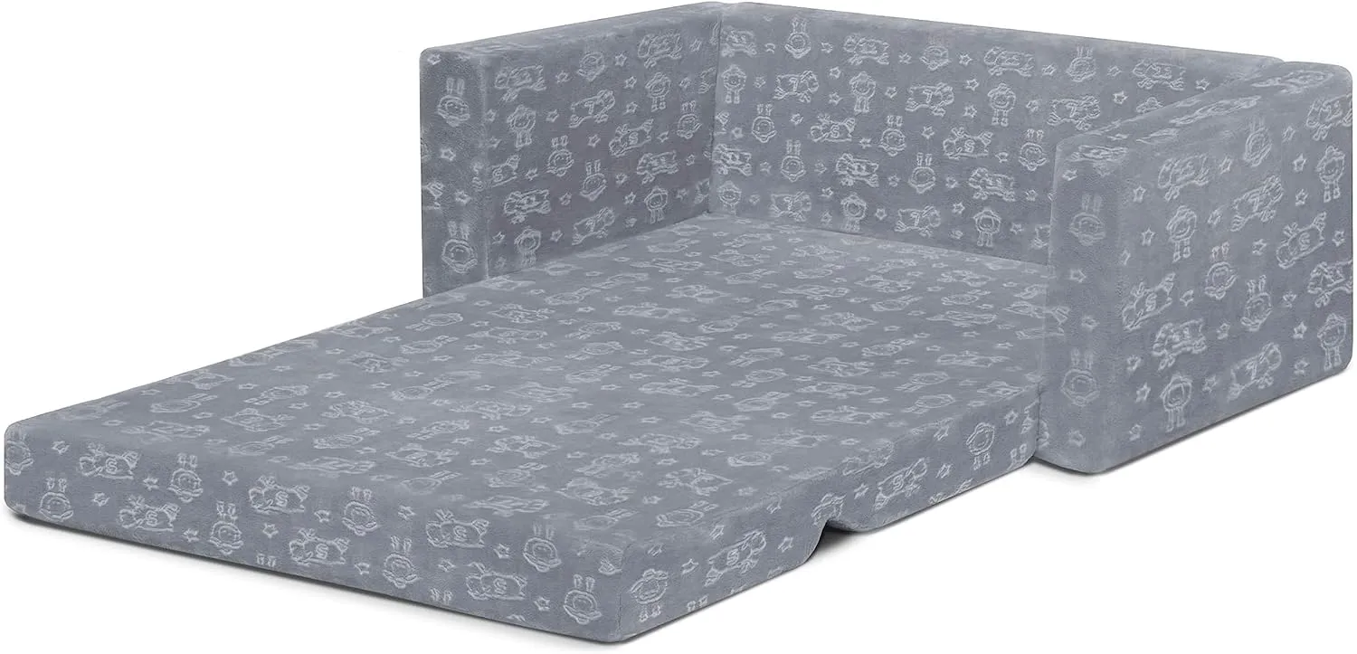 Delta Children Serta Perfect Sleeper Personalized Extra Wide Convertible Sofa to Lounger, Comfy 2-in-1 Flip Open Couch/Sleeper for Kids, Grey