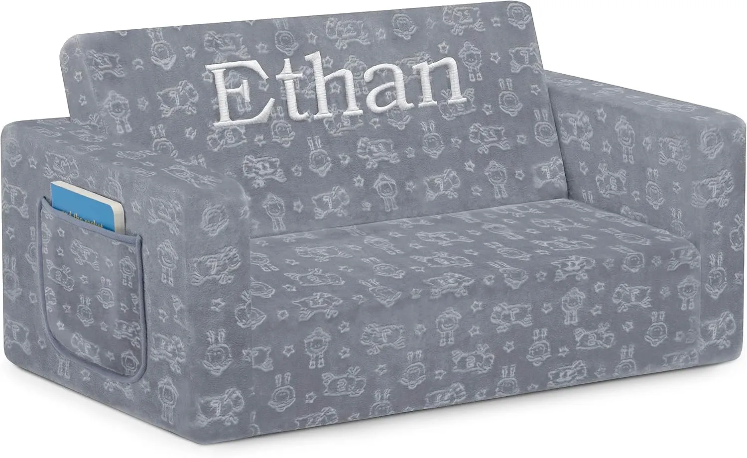 Delta Children Serta Perfect Sleeper Personalized Extra Wide Convertible Sofa to Lounger, Comfy 2-in-1 Flip Open Couch/Sleeper for Kids, Grey