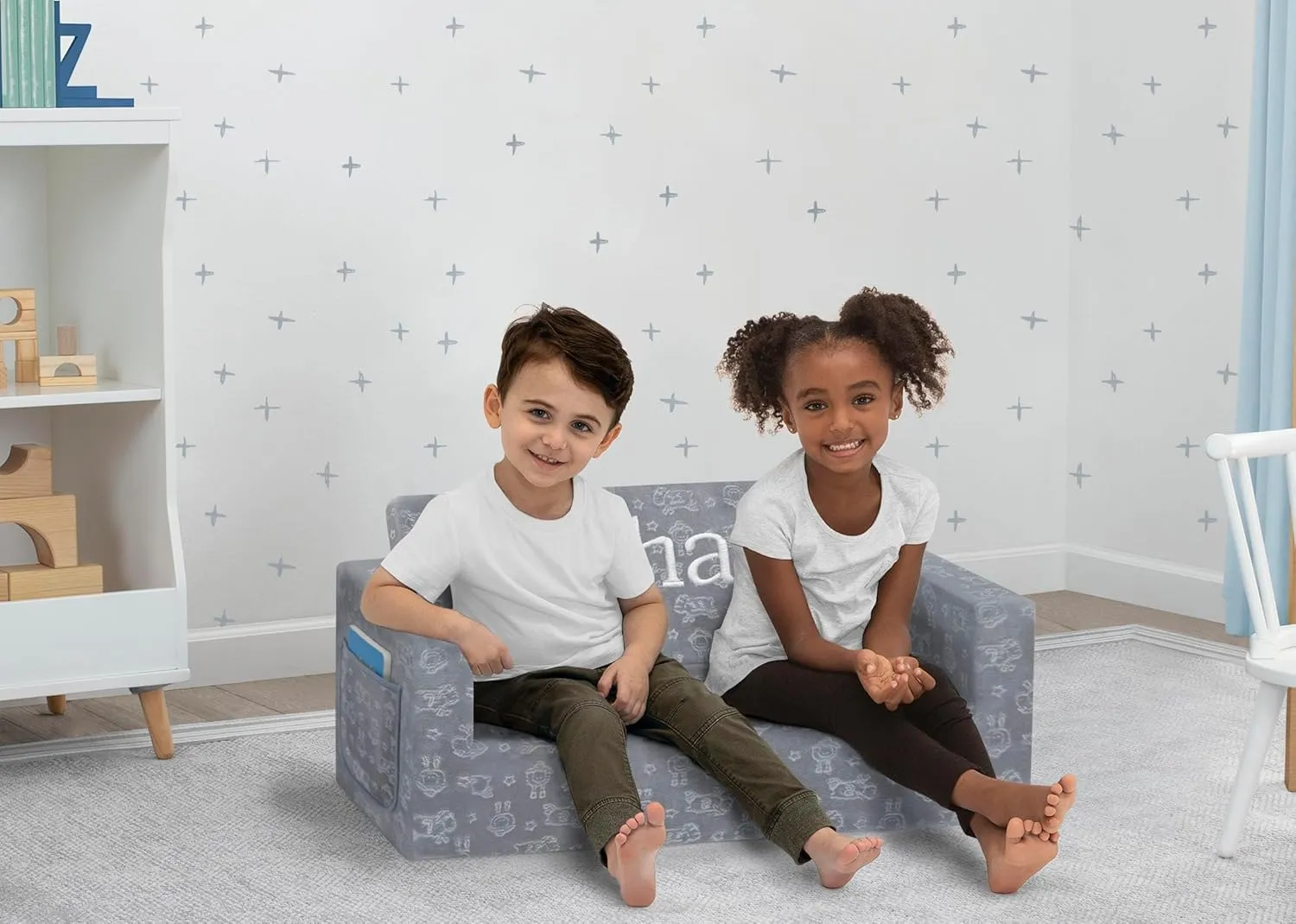 Delta Children Serta Perfect Sleeper Personalized Extra Wide Convertible Sofa to Lounger, Comfy 2-in-1 Flip Open Couch/Sleeper for Kids, Grey