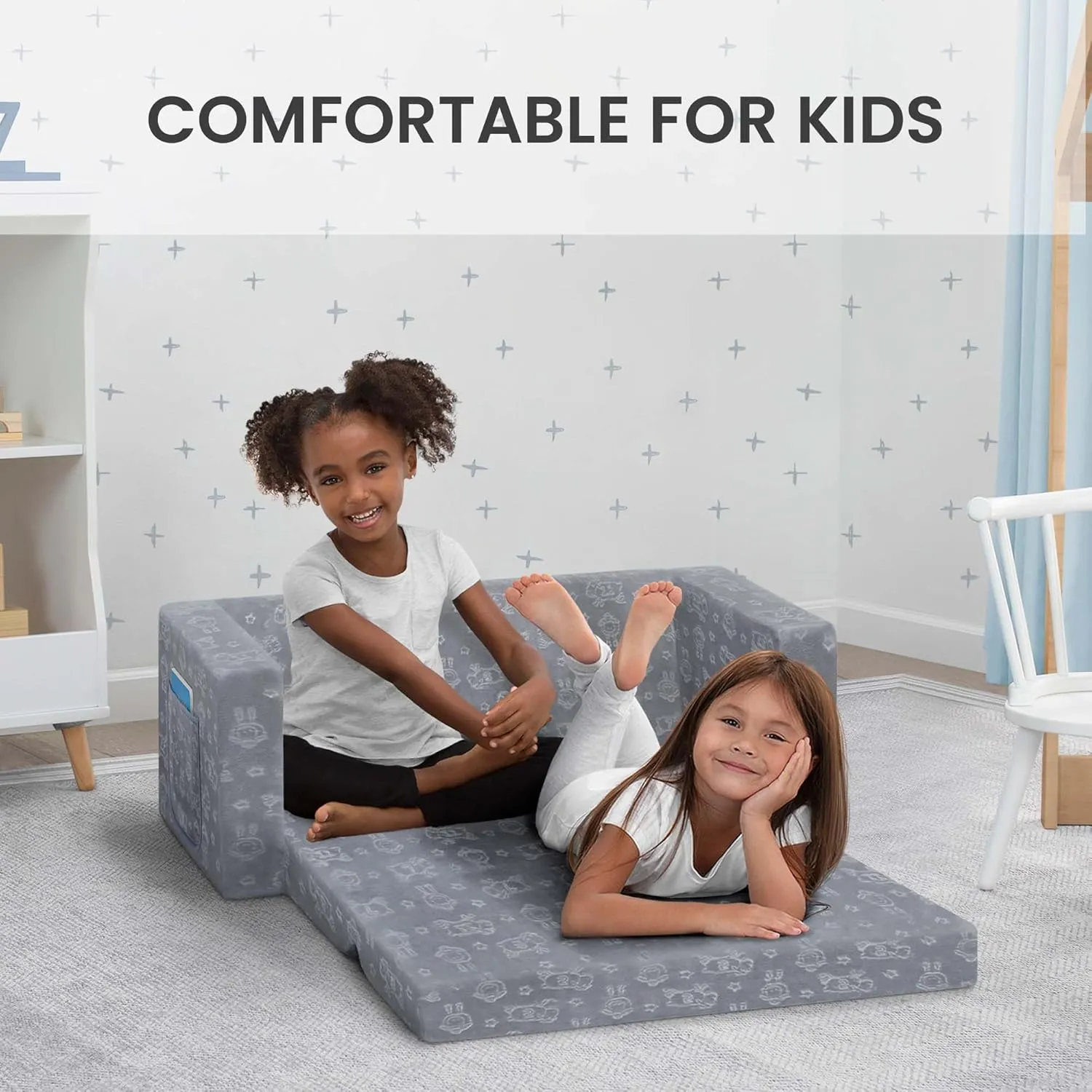 Delta Children Serta Perfect Sleeper Personalized Extra Wide Convertible Sofa to Lounger, Comfy 2-in-1 Flip Open Couch/Sleeper for Kids, Grey