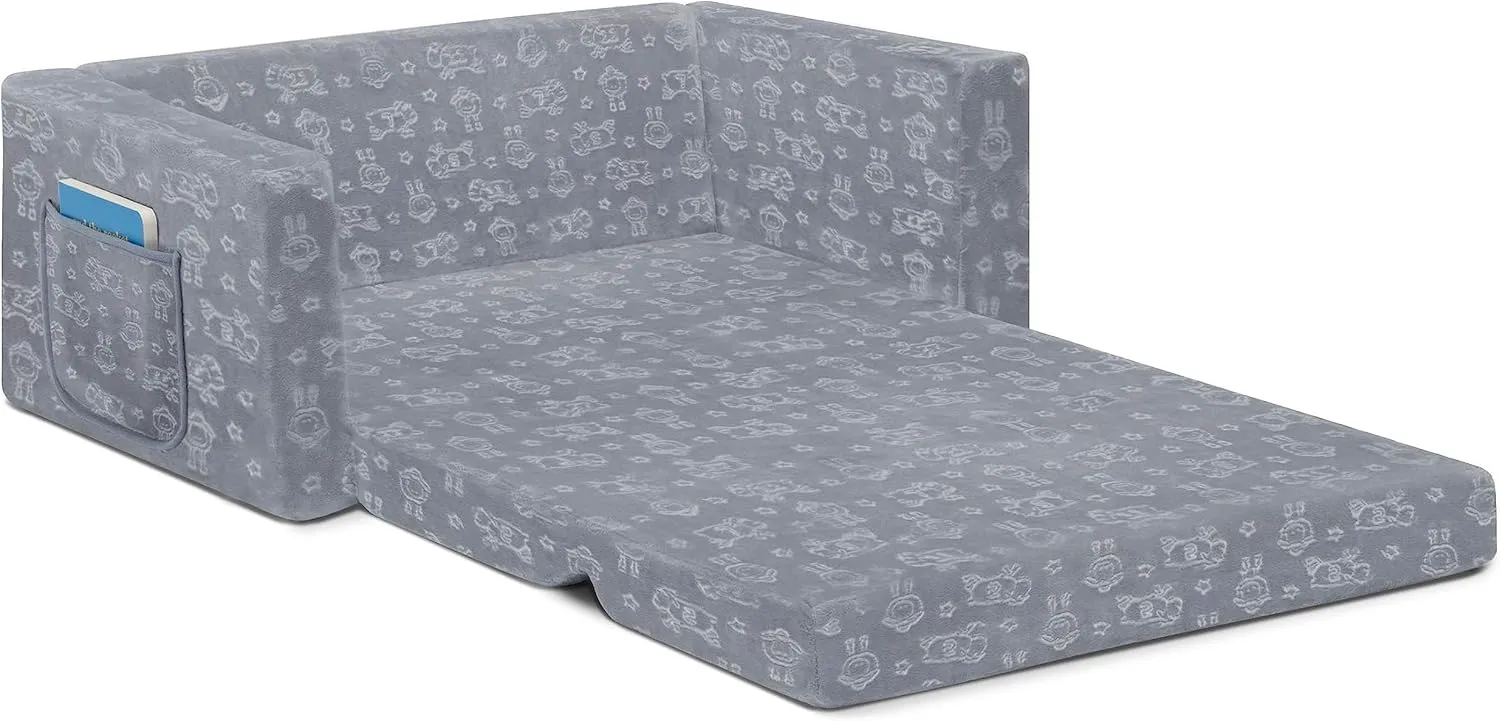 Delta Children Serta Perfect Sleeper Personalized Extra Wide Convertible Sofa to Lounger, Comfy 2-in-1 Flip Open Couch/Sleeper for Kids, Grey