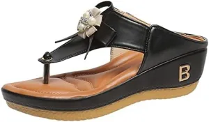 Dimleen Womens Wedge Flip Flops Sandals with Orthotic Arch Support Summer Comfortable Platform Bohemia Non-Slip Thong Walking Shoes (Black,6.5,Women,6.5)