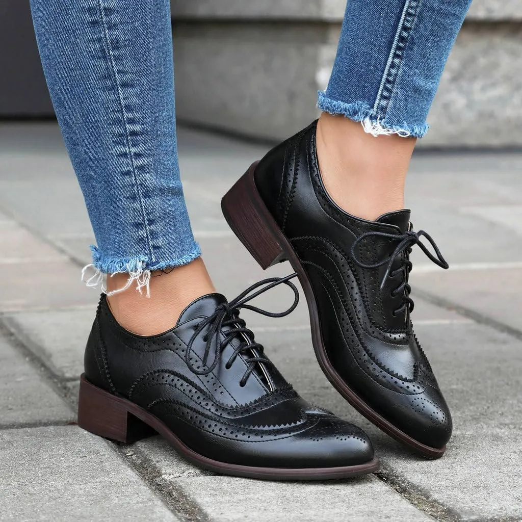 DINTAHA Womens Wingtip Oxford Shoes Chunky Low Heel Oxford Flats Lace Up Brogues Vintage Dress Shoes