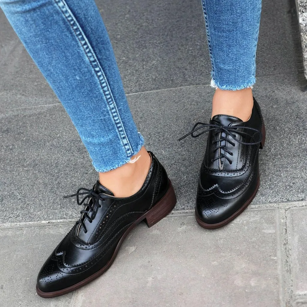 DINTAHA Womens Wingtip Oxford Shoes Chunky Low Heel Oxford Flats Lace Up Brogues Vintage Dress Shoes
