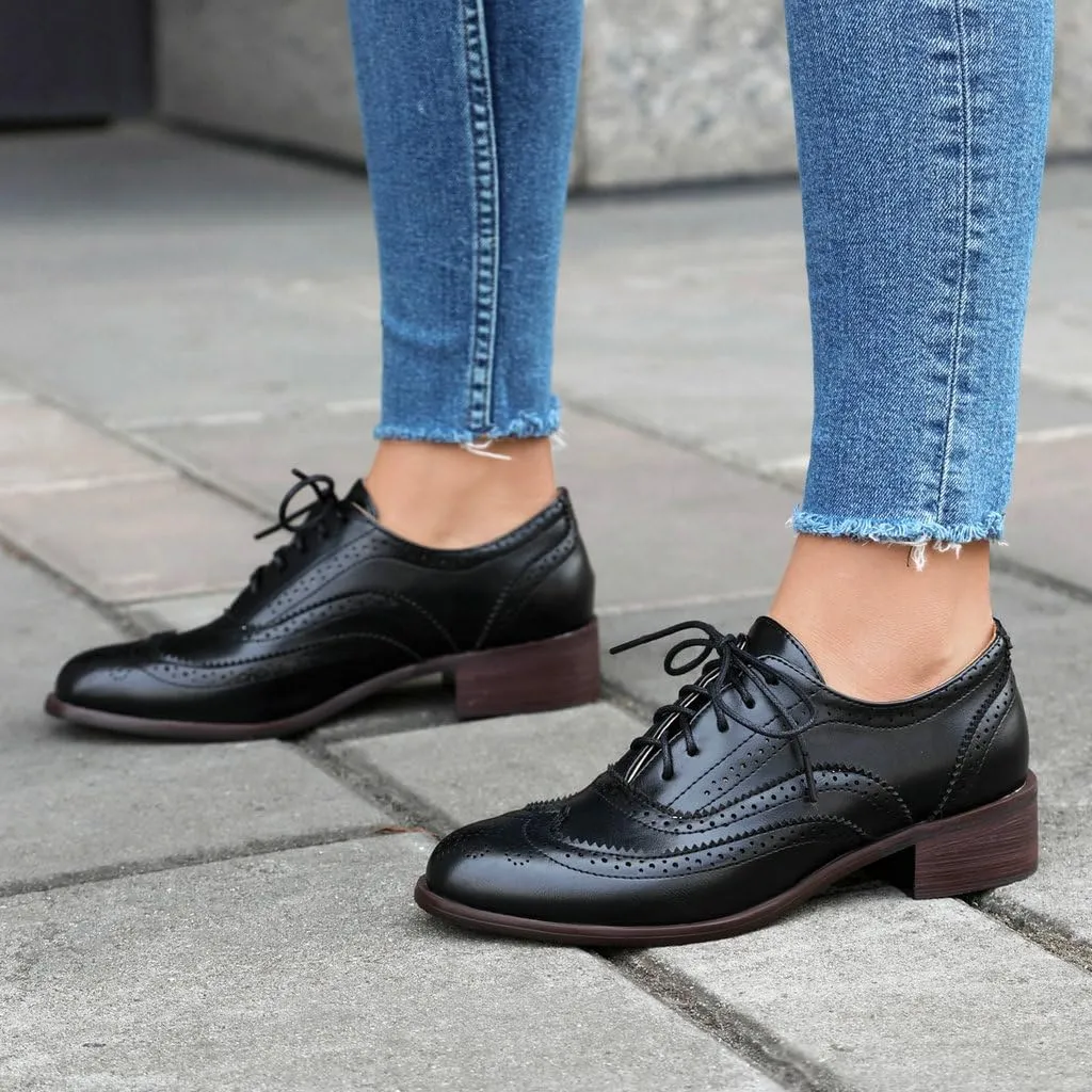 DINTAHA Womens Wingtip Oxford Shoes Chunky Low Heel Oxford Flats Lace Up Brogues Vintage Dress Shoes
