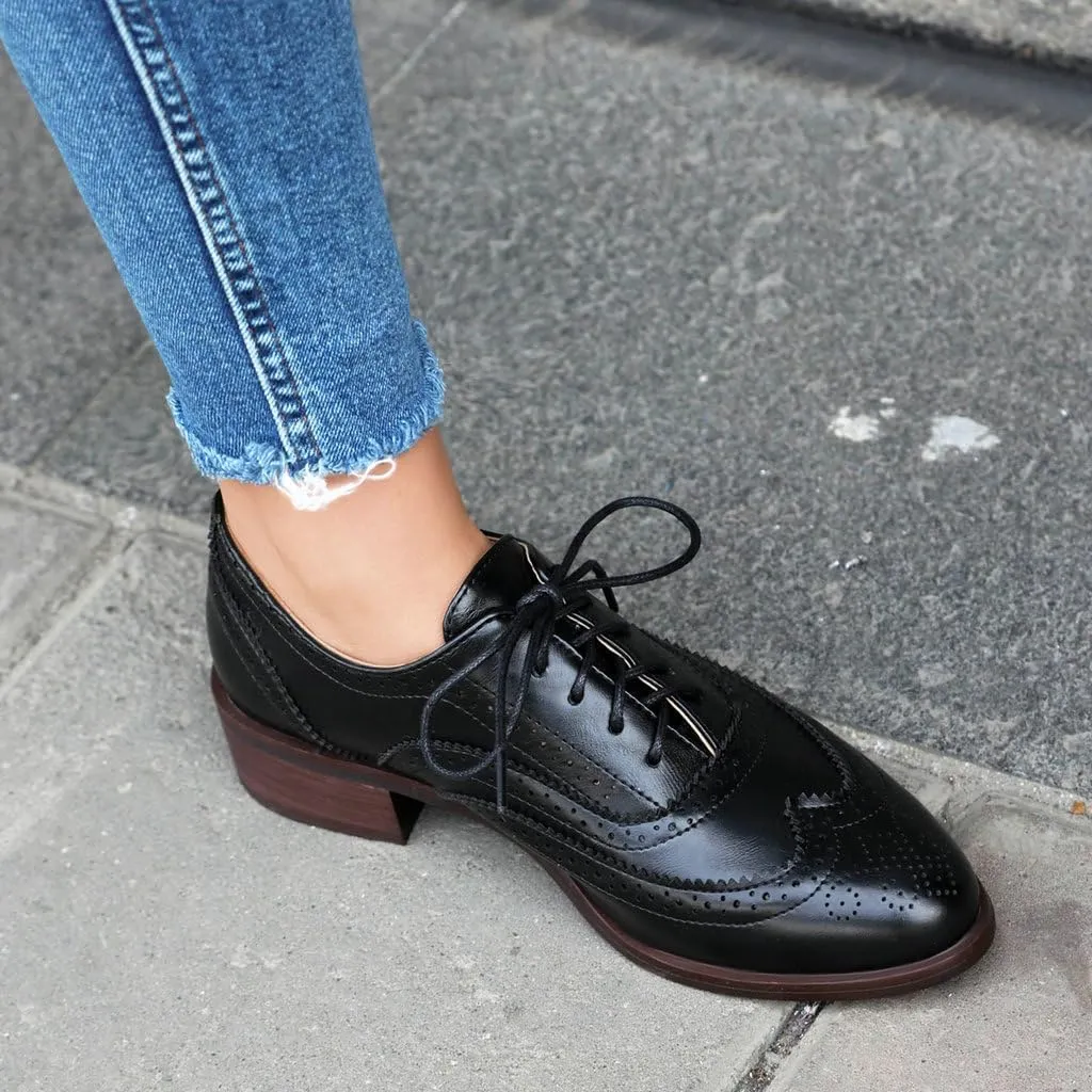 DINTAHA Womens Wingtip Oxford Shoes Chunky Low Heel Oxford Flats Lace Up Brogues Vintage Dress Shoes