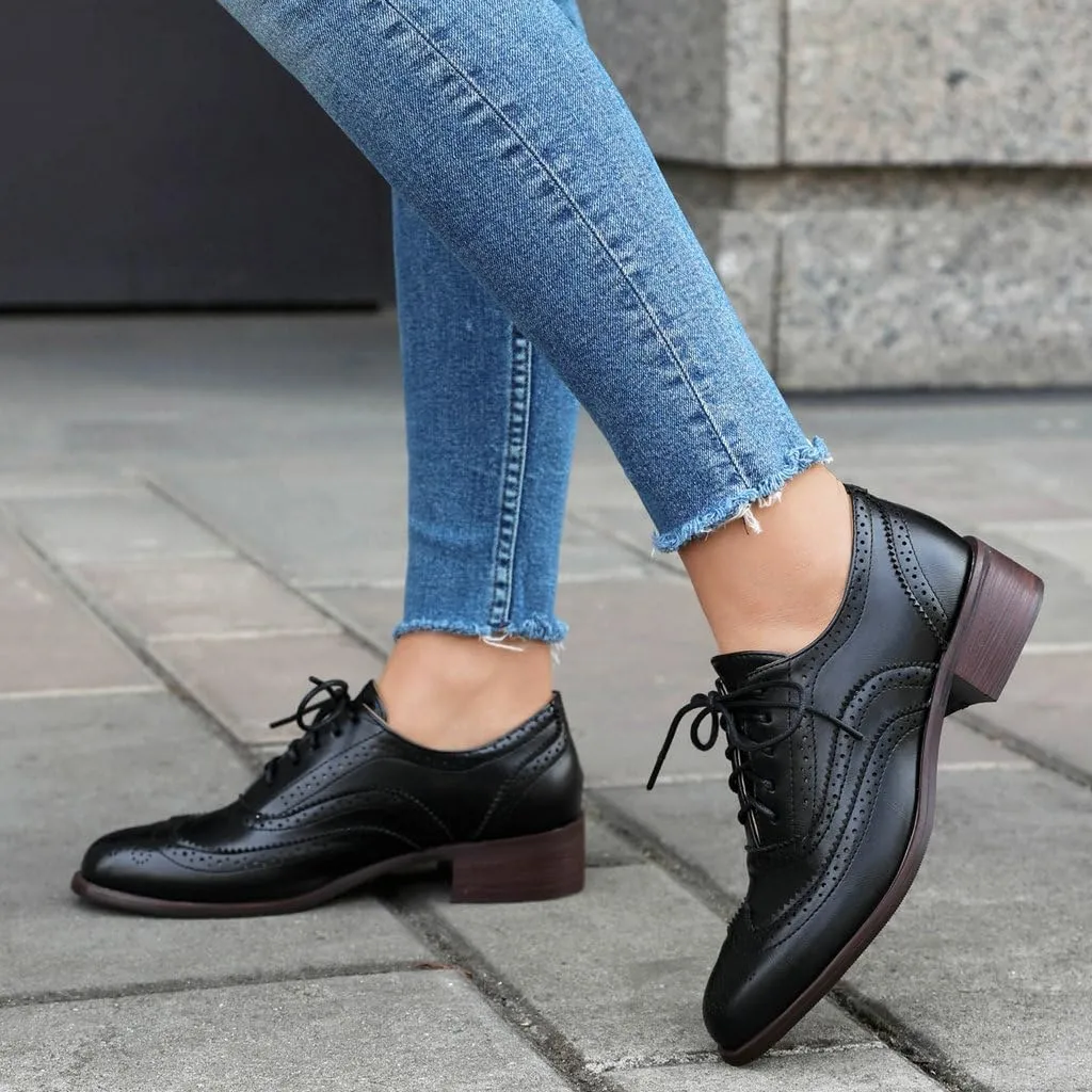 DINTAHA Womens Wingtip Oxford Shoes Chunky Low Heel Oxford Flats Lace Up Brogues Vintage Dress Shoes