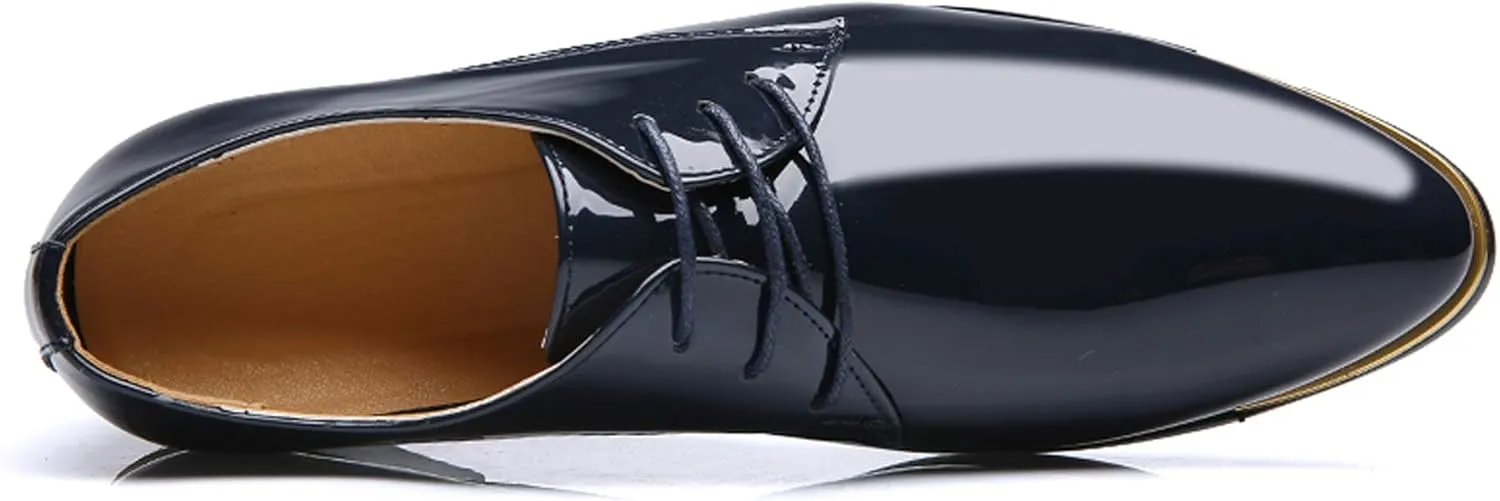Dress Shoes Men Classic Pointed-Toe Patent Leather Lace-up Formal Oxford Shoes Black Brown Red Grey