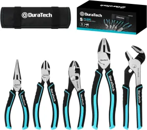 DURATECH 5-Piece Cr-Ni Pliers Set, 6" Long Nose, Slip Joint, Diagonal Cutting, 8" Linesman, Groove Joint Pliers, Easy Storage Oxford Rolling Pouch