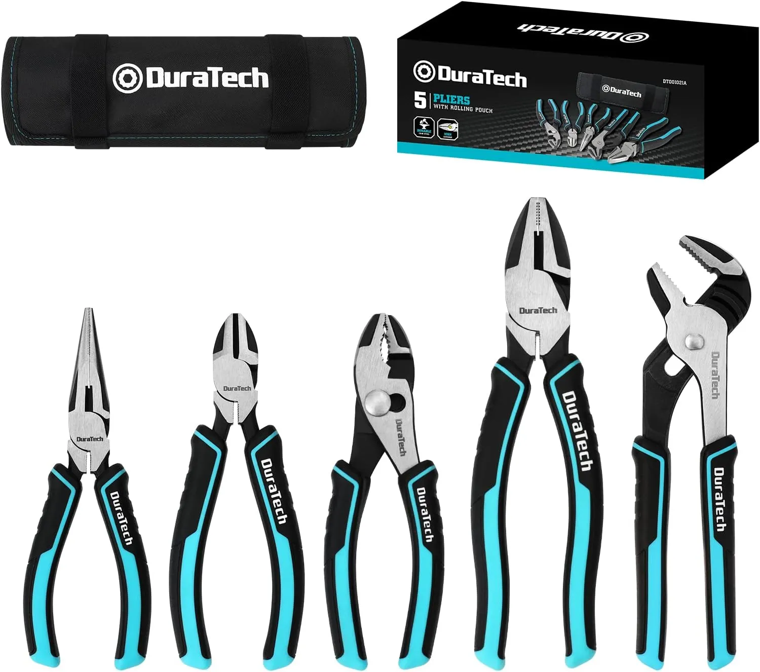 DURATECH 5-Piece Cr-Ni Pliers Set, 6" Long Nose, Slip Joint, Diagonal Cutting, 8" Linesman, Groove Joint Pliers, Easy Storage Oxford Rolling Pouch