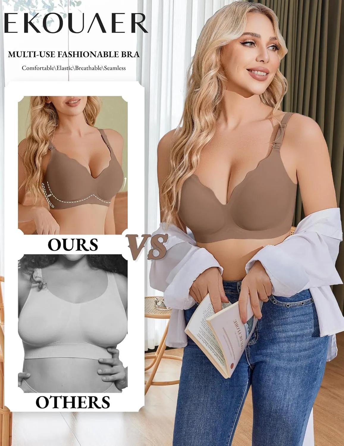 Ekouaer Nursing Bra Wavy Breastfeeding Bras for Women Seamless Maternity Support Wireless Pregnancy Sleep Bralette