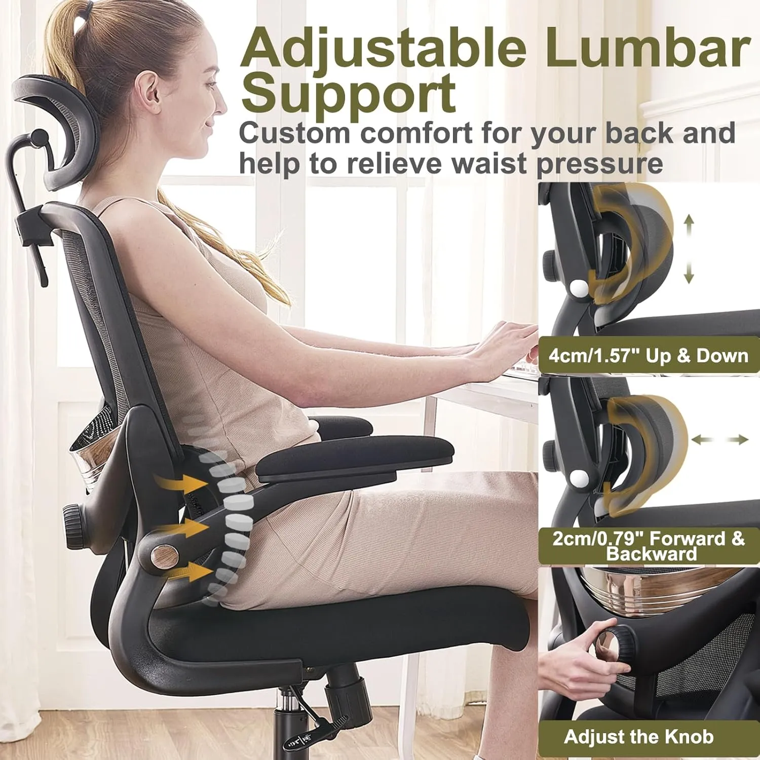 Ergonomic Home Office Chair, High Back Mesh Desk Chair with Adjustable Lumbar Support, Flip-up Armrest, Removable Headrest, Swivel Computer Gaming Chair, Space Saving, 330LBS (Black)