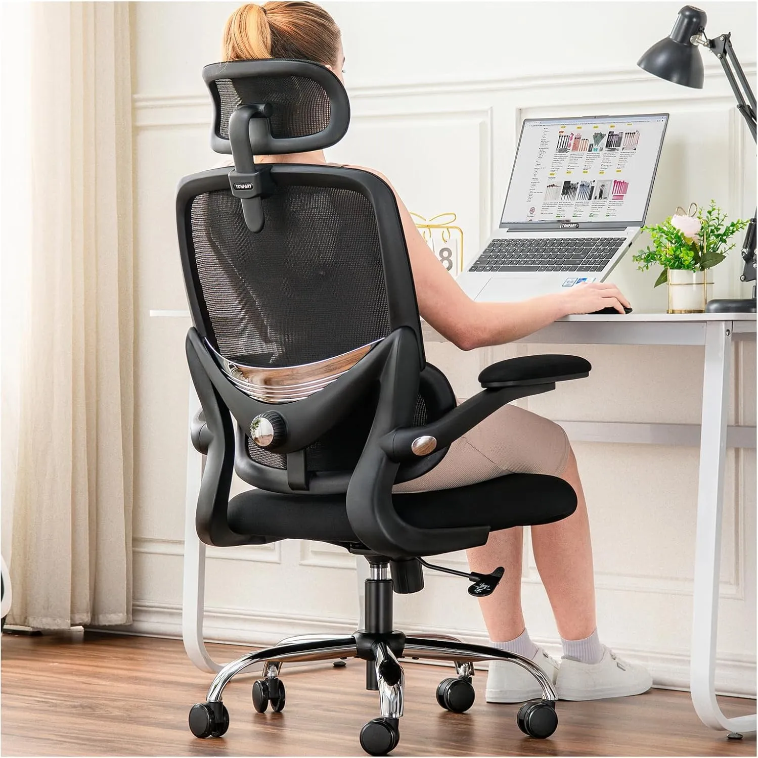 Ergonomic Home Office Chair, High Back Mesh Desk Chair with Adjustable Lumbar Support, Flip-up Armrest, Removable Headrest, Swivel Computer Gaming Chair, Space Saving, 330LBS (Black)