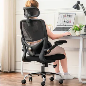Ergonomic Home Office Chair, High Back Mesh Desk Chair with Adjustable Lumbar Support, Flip-up Armrest, Removable Headrest, Swivel Computer Gaming Chair, Space Saving, 330LBS (Black)