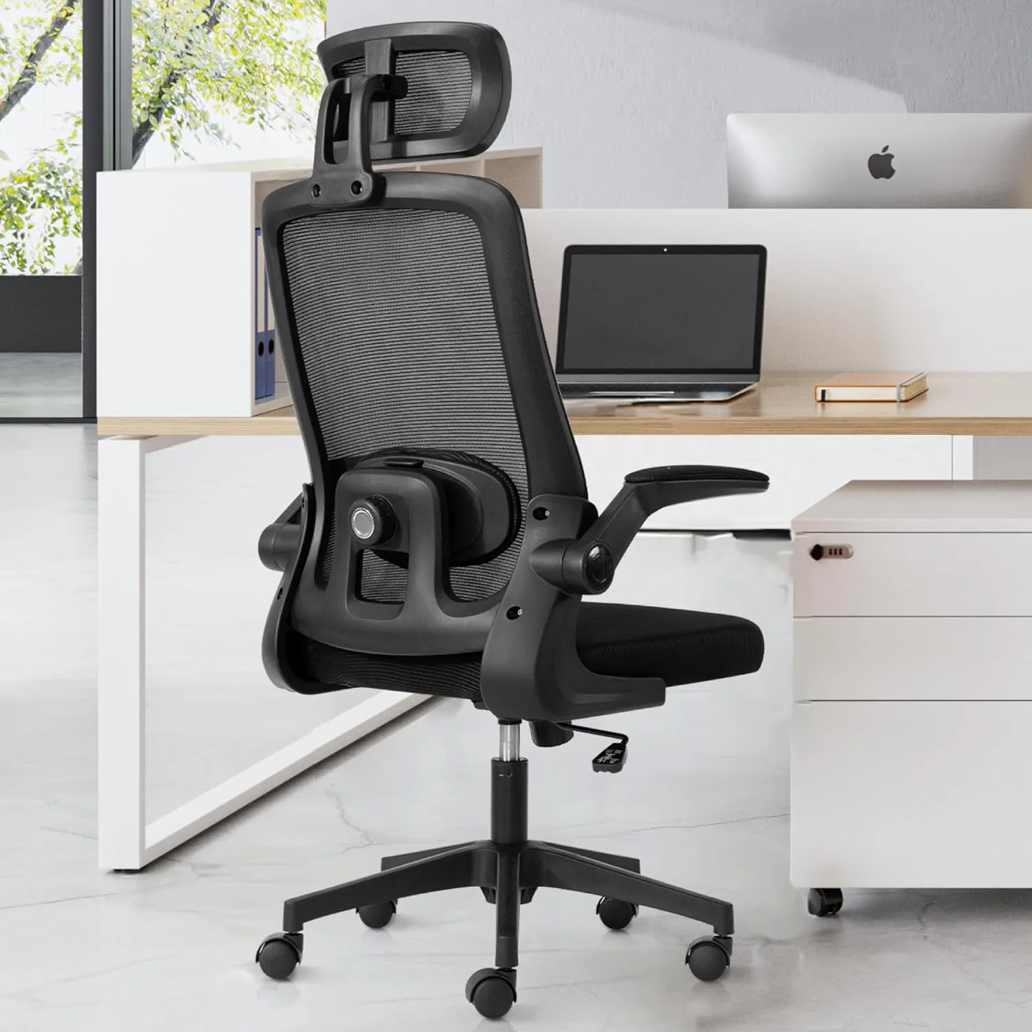 Ergonomic Home Office Chair with Adjustable Lumbar Support Adjustable Headrest,Comfy High Back, Breathable Mesh Computer Gaming Chair with Flip-Up Armrests (Black)