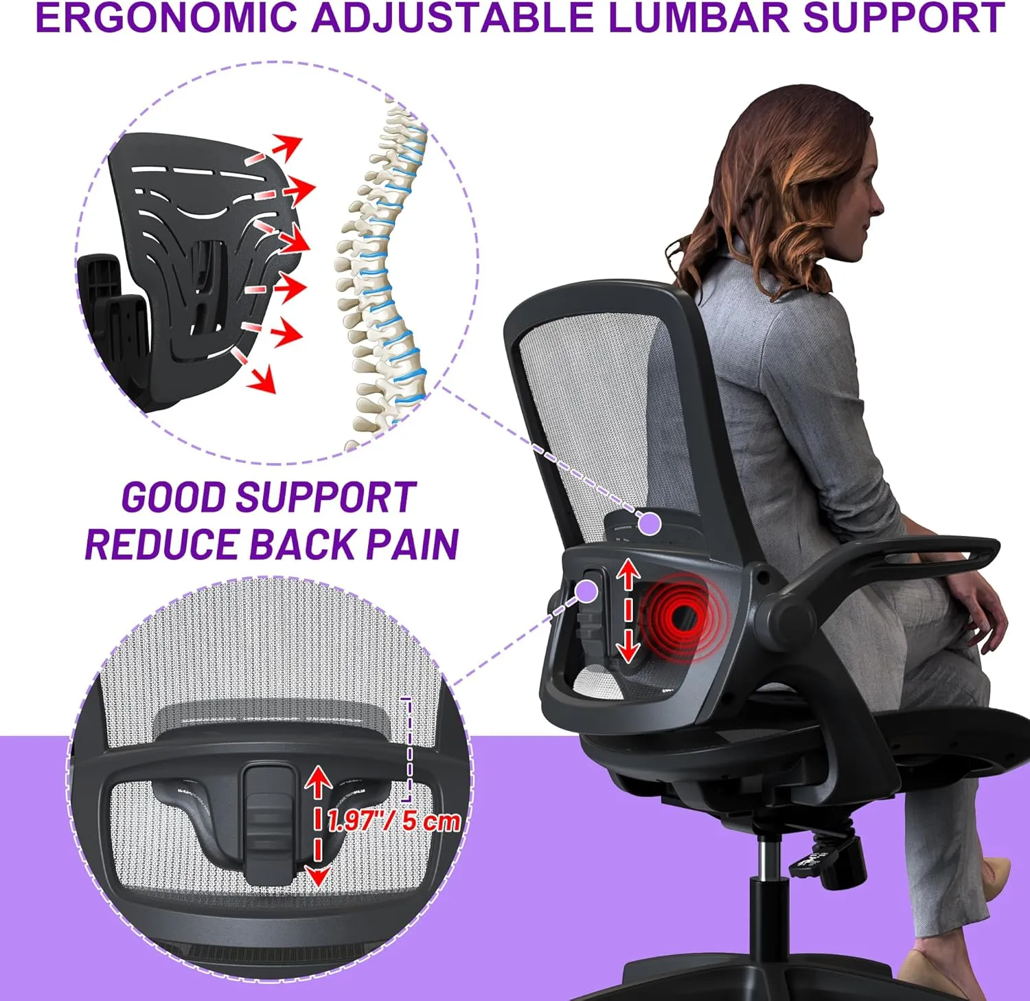 Ergonomic Mesh Seat Home Office Computer Desk Chair Height Adjustable Lumbar Support with Flip Up Arms Swivel Wheels for Adult