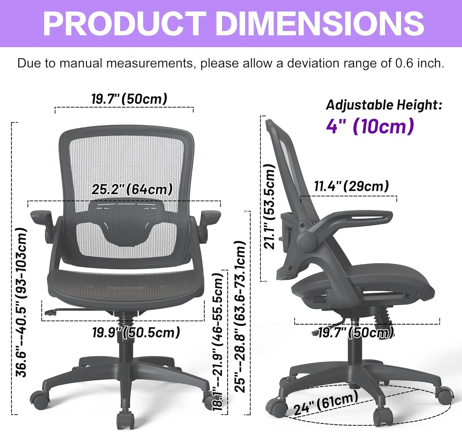 Ergonomic Mesh Seat Home Office Computer Desk Chair Height Adjustable Lumbar Support with Flip Up Arms Swivel Wheels for Adult