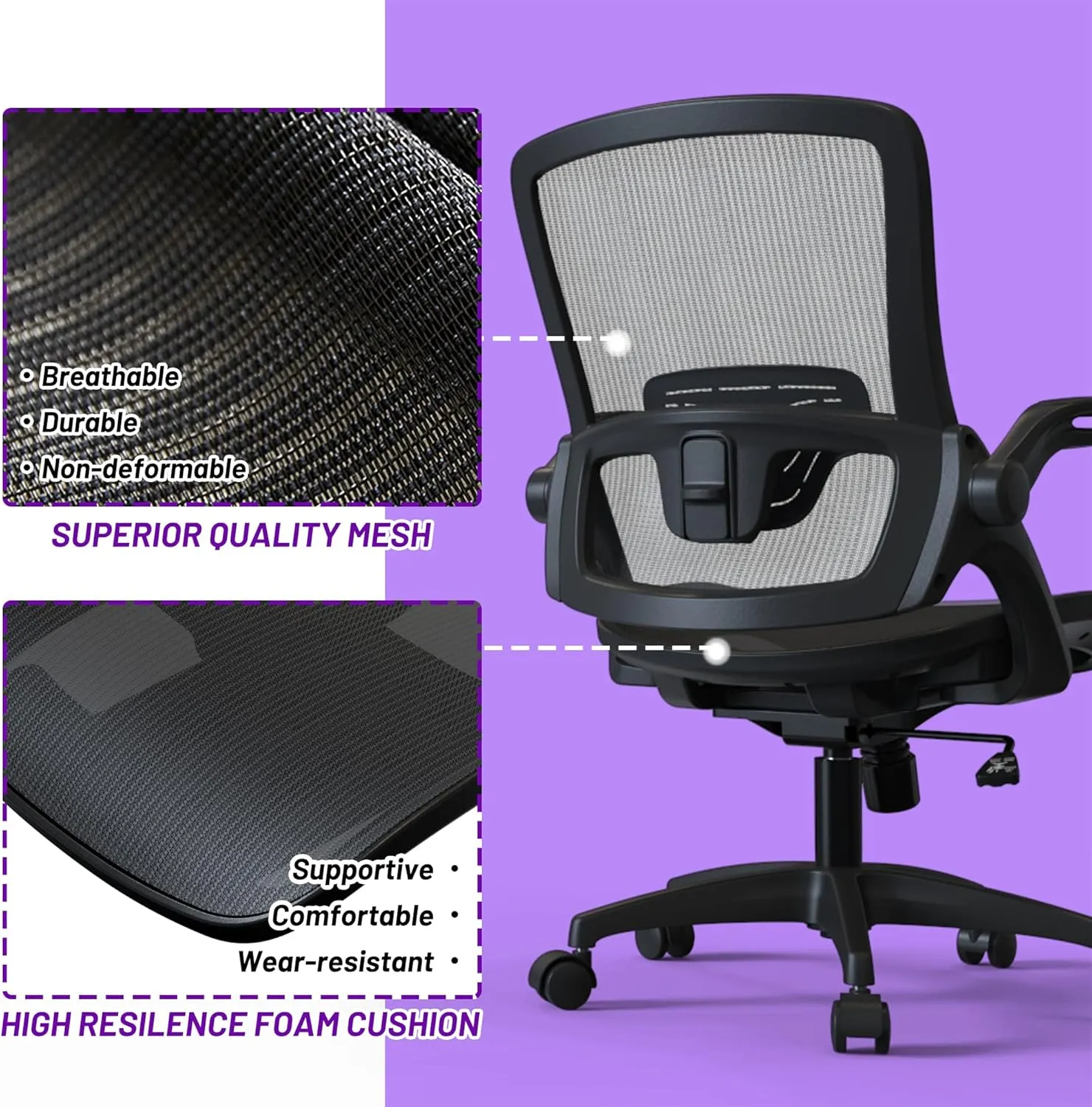 Ergonomic Mesh Seat Home Office Computer Desk Chair Height Adjustable Lumbar Support with Flip Up Arms Swivel Wheels for Adult